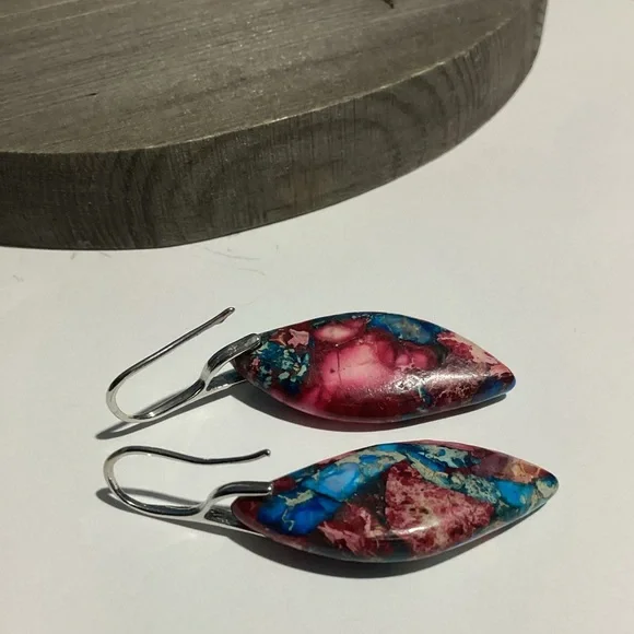 💙 Sterling Silver French Hook Natural Jasper Stone Curvy Boho Drop Earrings